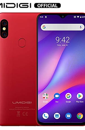 UMIDIGI F1 Factory Unlocked Phone Android 9.0 6.3\” FHD+ 128GB ROM 4GB RAM Helio P60 5150mAh Big Battery 18W Fast Charge Smartphone NFC 16MP+8MP Phone(Red)