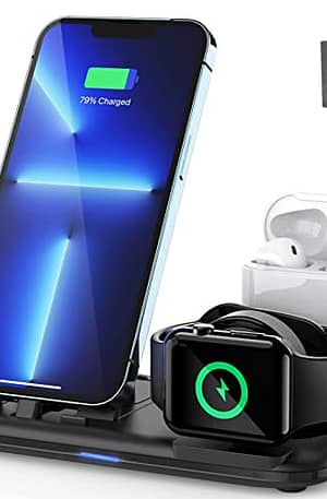 OLEBR 3 in 1 Charging Station for Multiple Devices Apple Bedside Charging Stand for iPhone and Apple Watch 7/6/SE/5/4/3/2/1 Charging Dock for AirPods Pro/3/2/1 (with 12W Fast Charger) Black