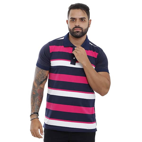 Camisa Polo Masculina Listrada Azul e Rosa Bamborra (Entregue por Compre Roupa )  – Black Friday 2018